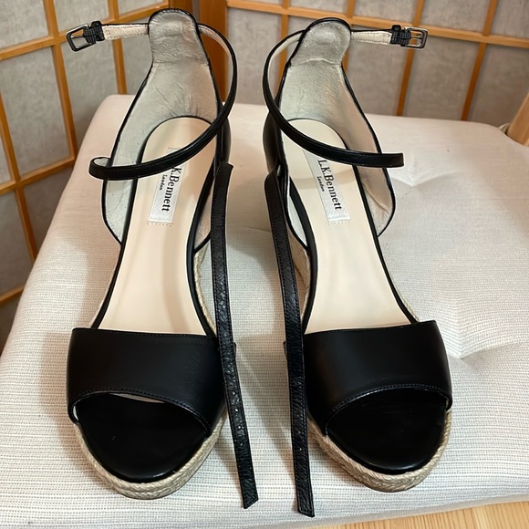 L.K. Bennett Black Leather Nellie Peep Toe Espadrille Wedge Heel EU 37.5 /US 7 - Picture 10 of 16